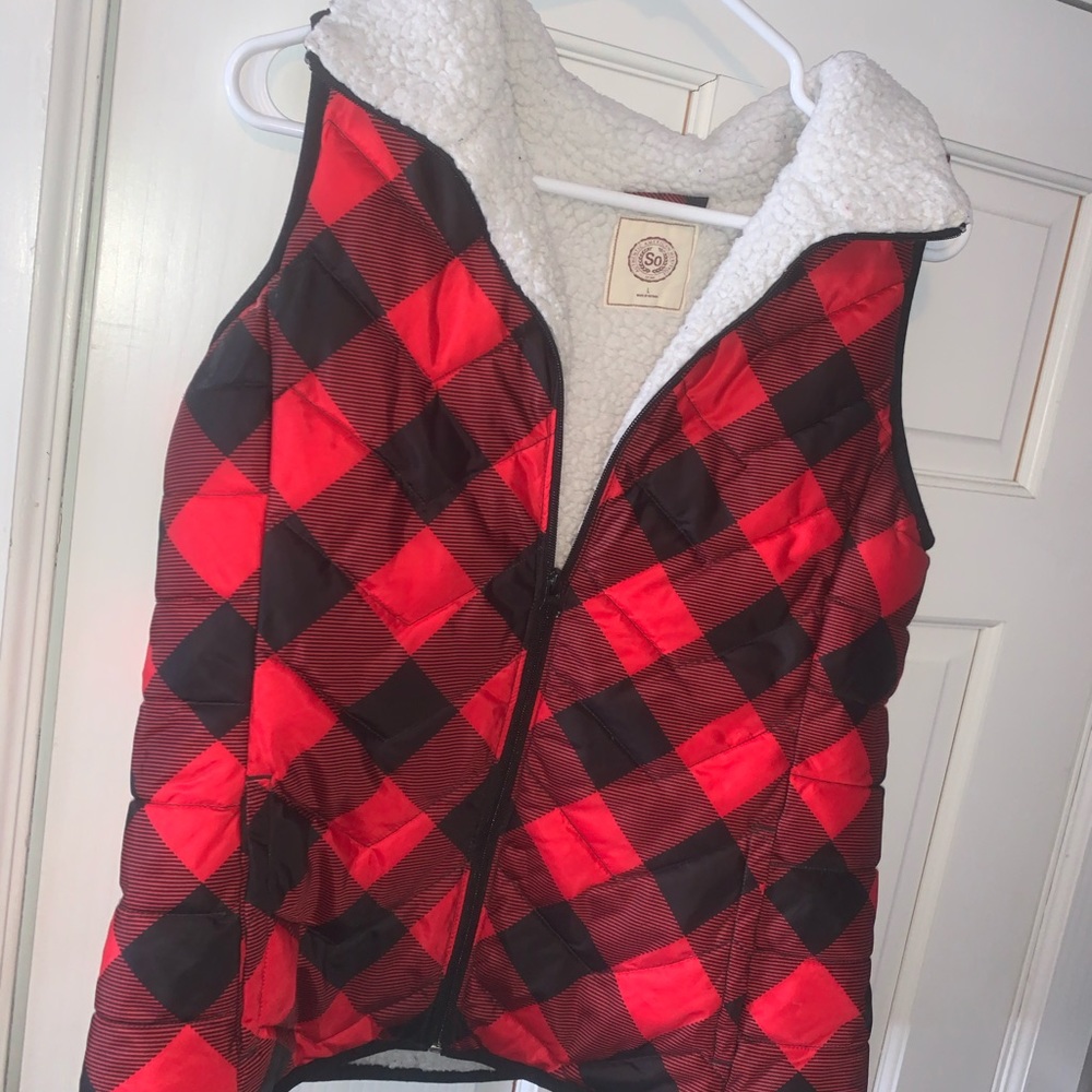 Buffalo plaid vest with fur